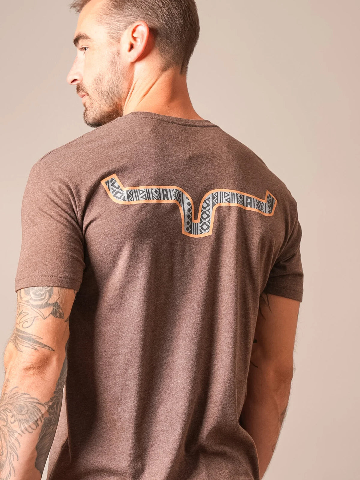 Kimes Ranch Delano shirt in Espresso, back view, with a stylized steer logo graphic on the back