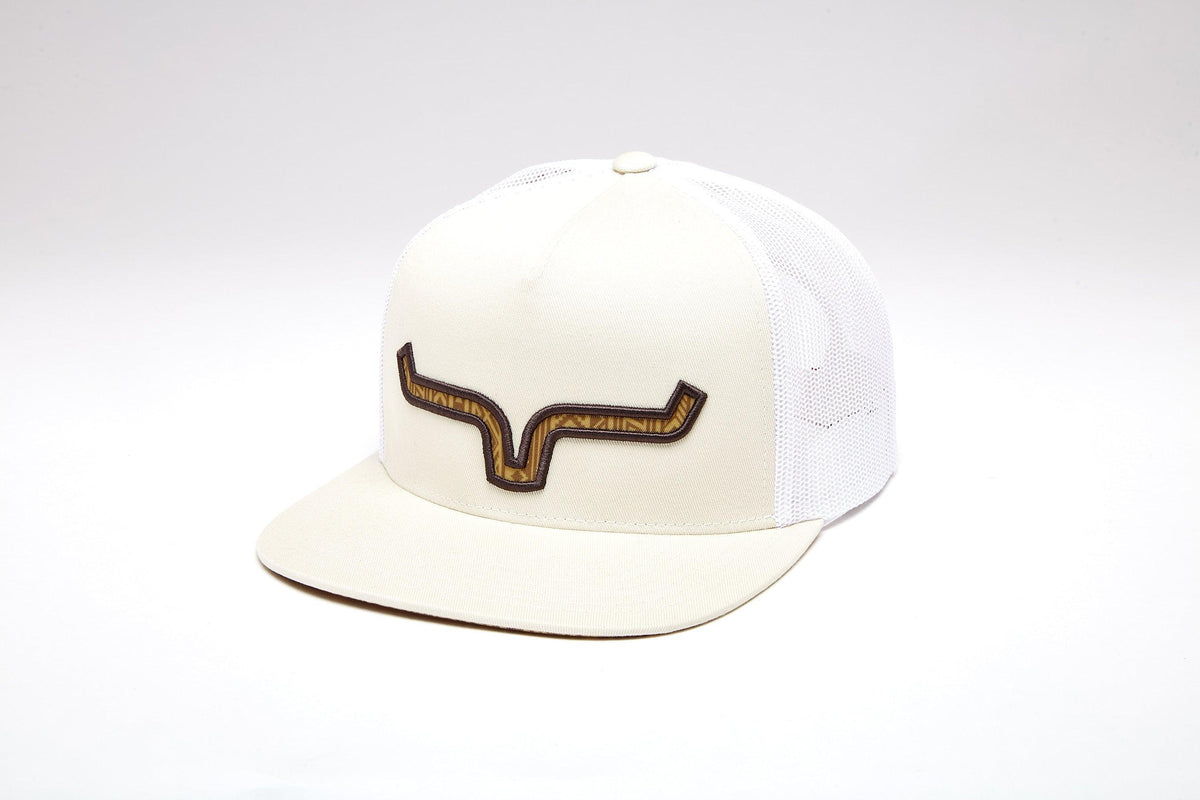 Kimes Ranch Delano hat in Natural with a stylized steer logo on the front and mesh back panels