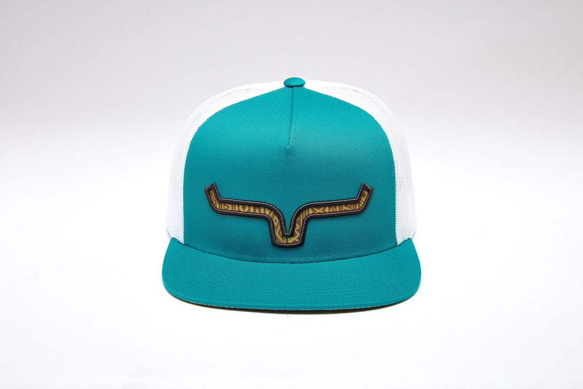 Kimes Ranch Delano Teal trucker hat with white mesh back and embroidered Kimes Ranch logo on front