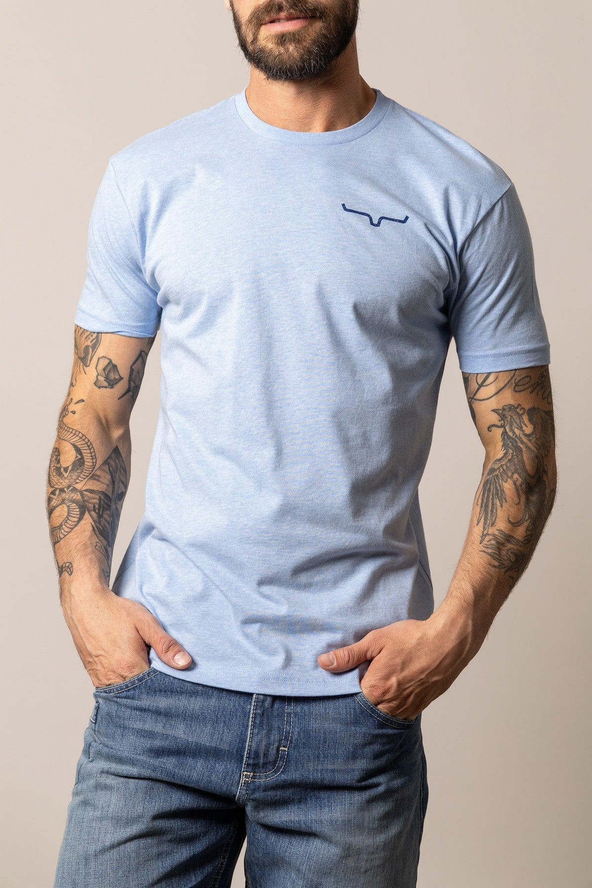 Kimes Ranch Desert Diamond shirt in Heather Columbia Blue with a crew neck and embroidered Kimes Ranch logo on the chest
