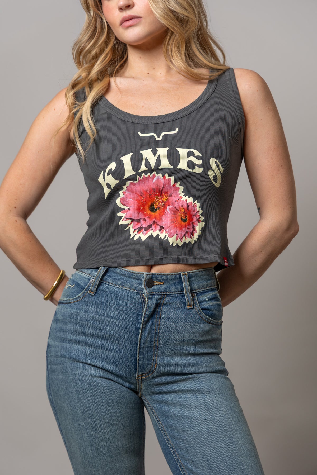 Kimes Ranch Desert Rose Black ribbed tank top with a graphic of pink desert roses and the word KIMES