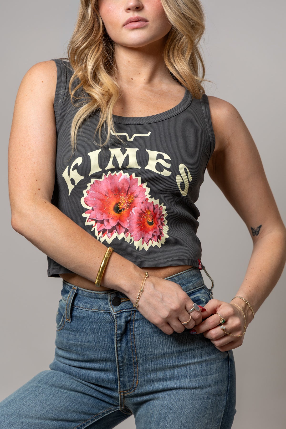 Kimes Ranch Desert Rose Black ribbed tank top with a graphic of pink desert roses and the brand name
