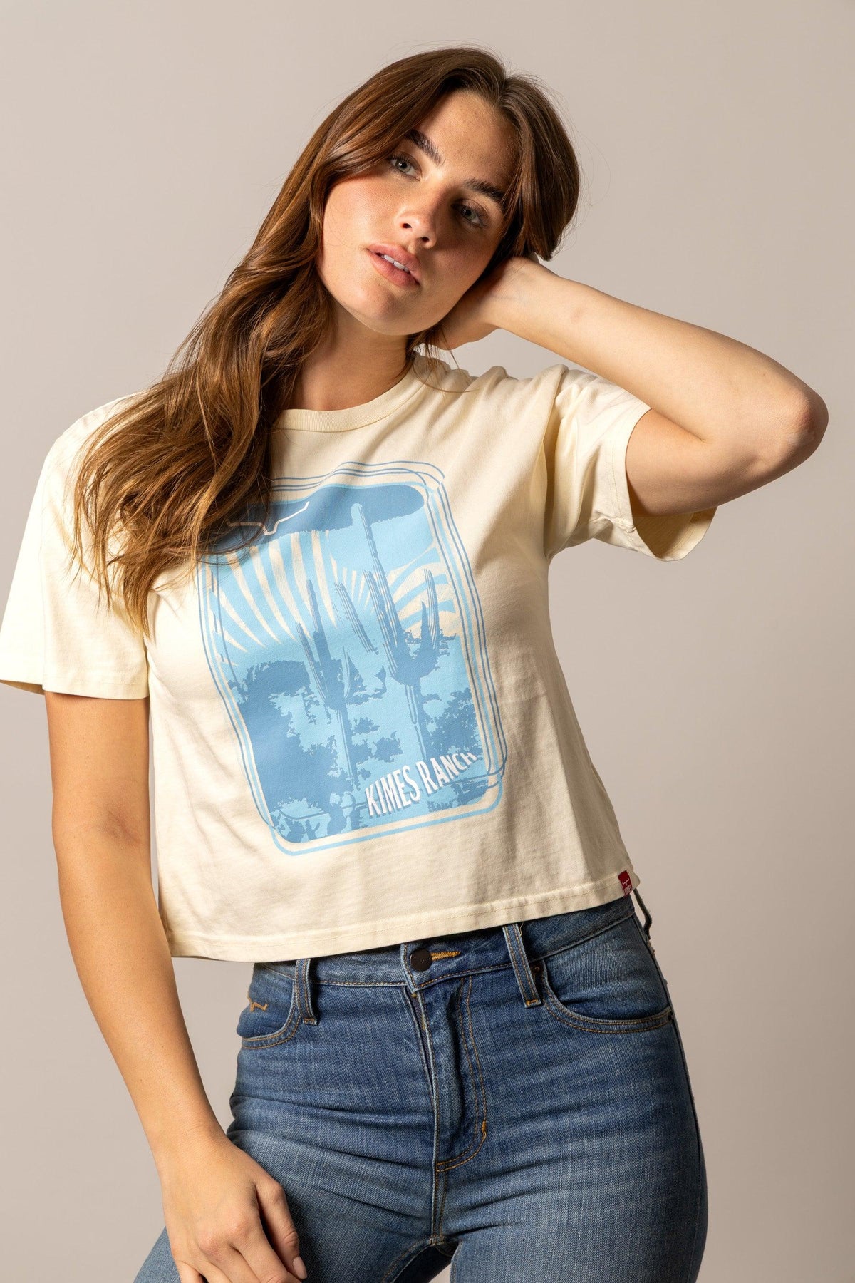 Kimes Ranch Desert Trip shirt in Ivory with a blue desert landscape graphic and Kimes Ranch logo