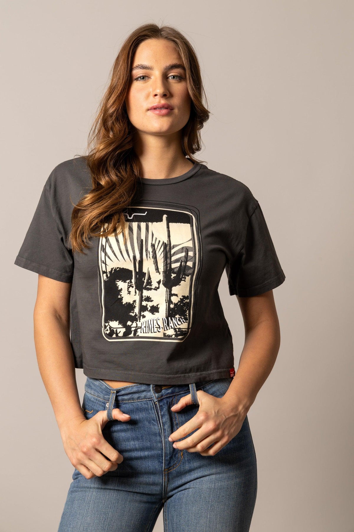 Kimes Ranch Desert Trip shirt in Pepper with a graphic of cacti and the Kimes Ranch logo