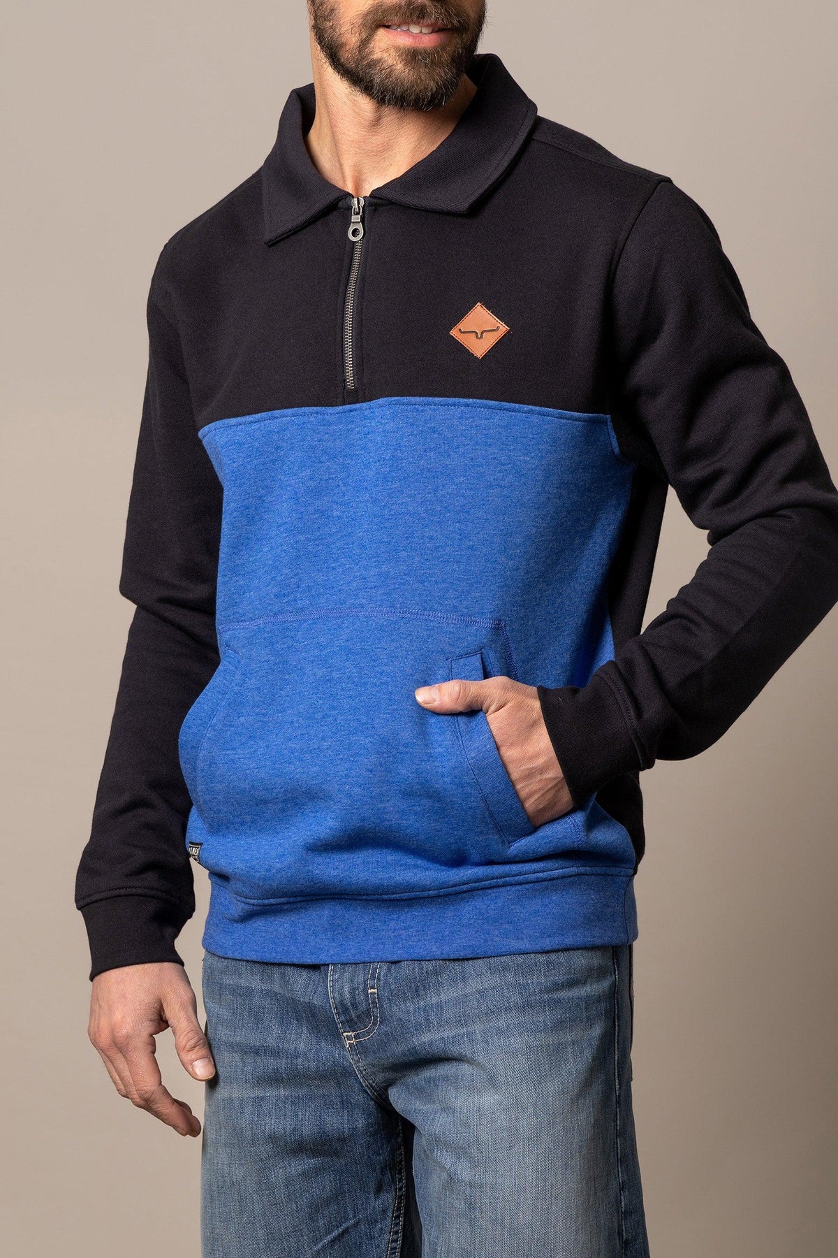 Kimes Ranch Diamond Head QZ Sweatshirt in Black And Blue with a front kangaroo pocket and logo patch