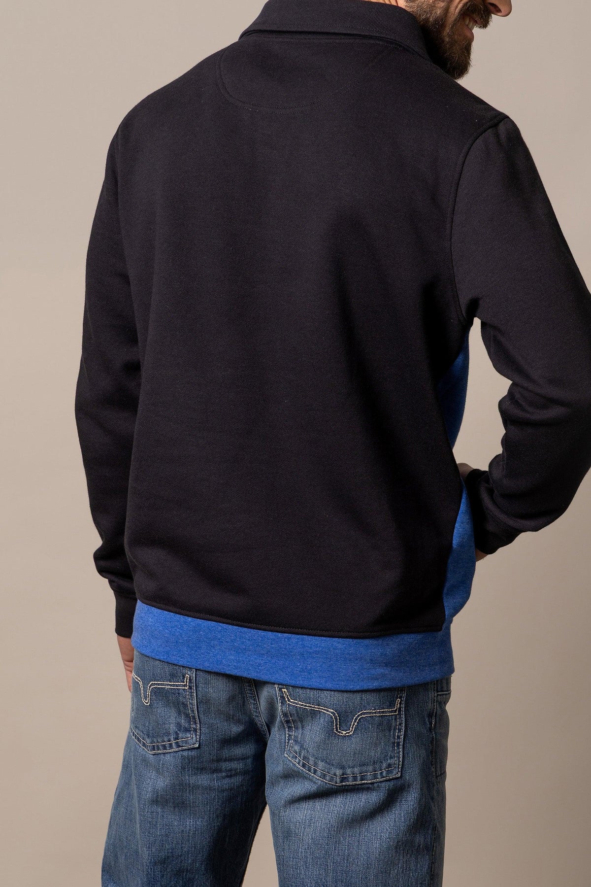 Kimes Ranch Diamond Head QZ Sweatshirt in Black And Blue, back view, showing the back with a blue hem