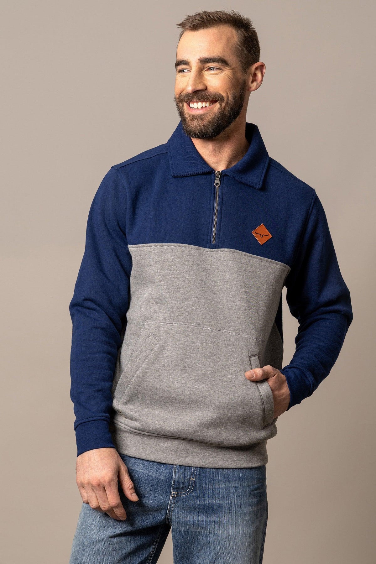 Kimes Ranch Diamond Head QZ Sweatshirt in Navy And Grey with a half-zip collar and front kangaroo pocket