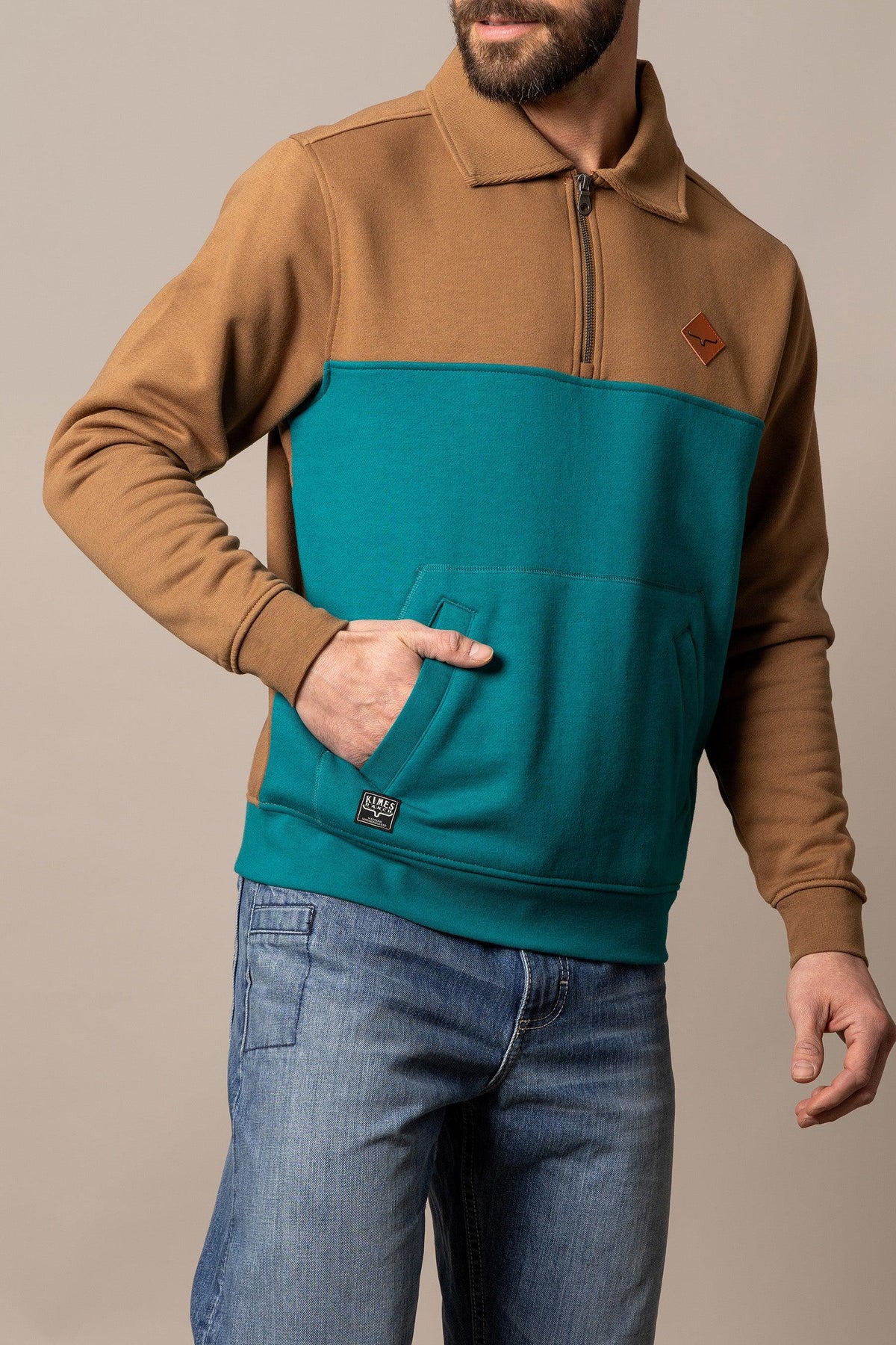 Kimes Ranch Diamond Head QZ Sweatshirt in Brown And Teal with a half-zip collar and front kangaroo pocket