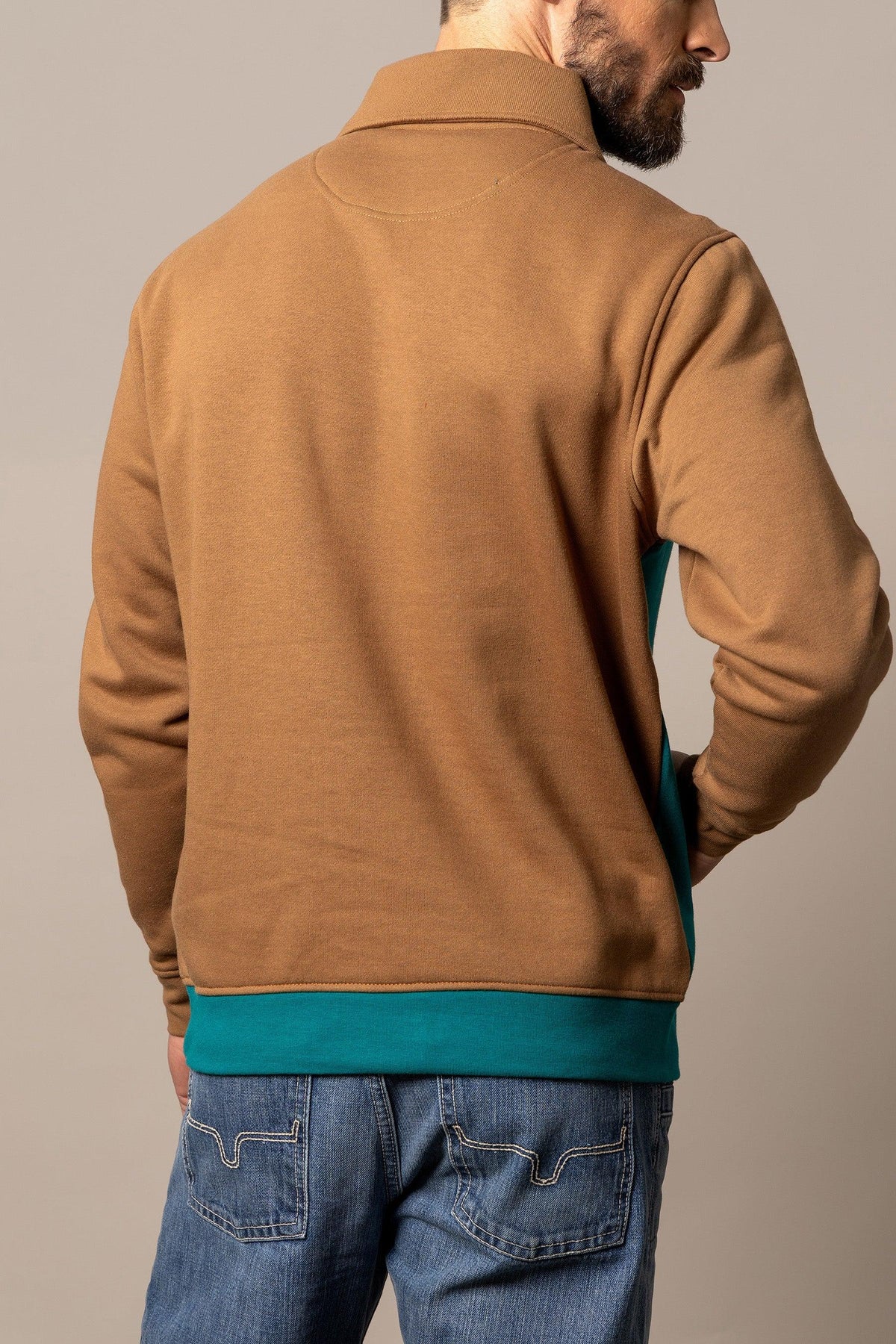 Kimes Ranch Diamond Head QZ Sweatshirt in Brown And Teal, back view, with a solid brown back and teal ribbed hem