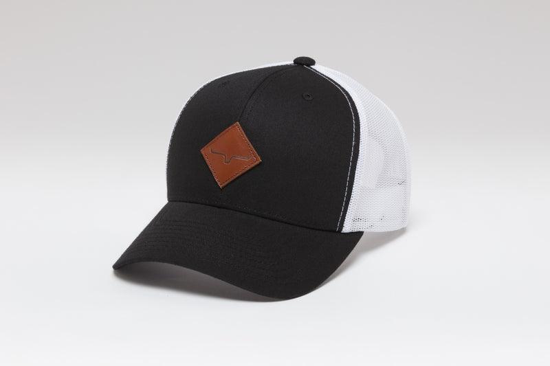 Kimes Ranch Diamond Hat, side view, in black and white with a brown logo patch on the front