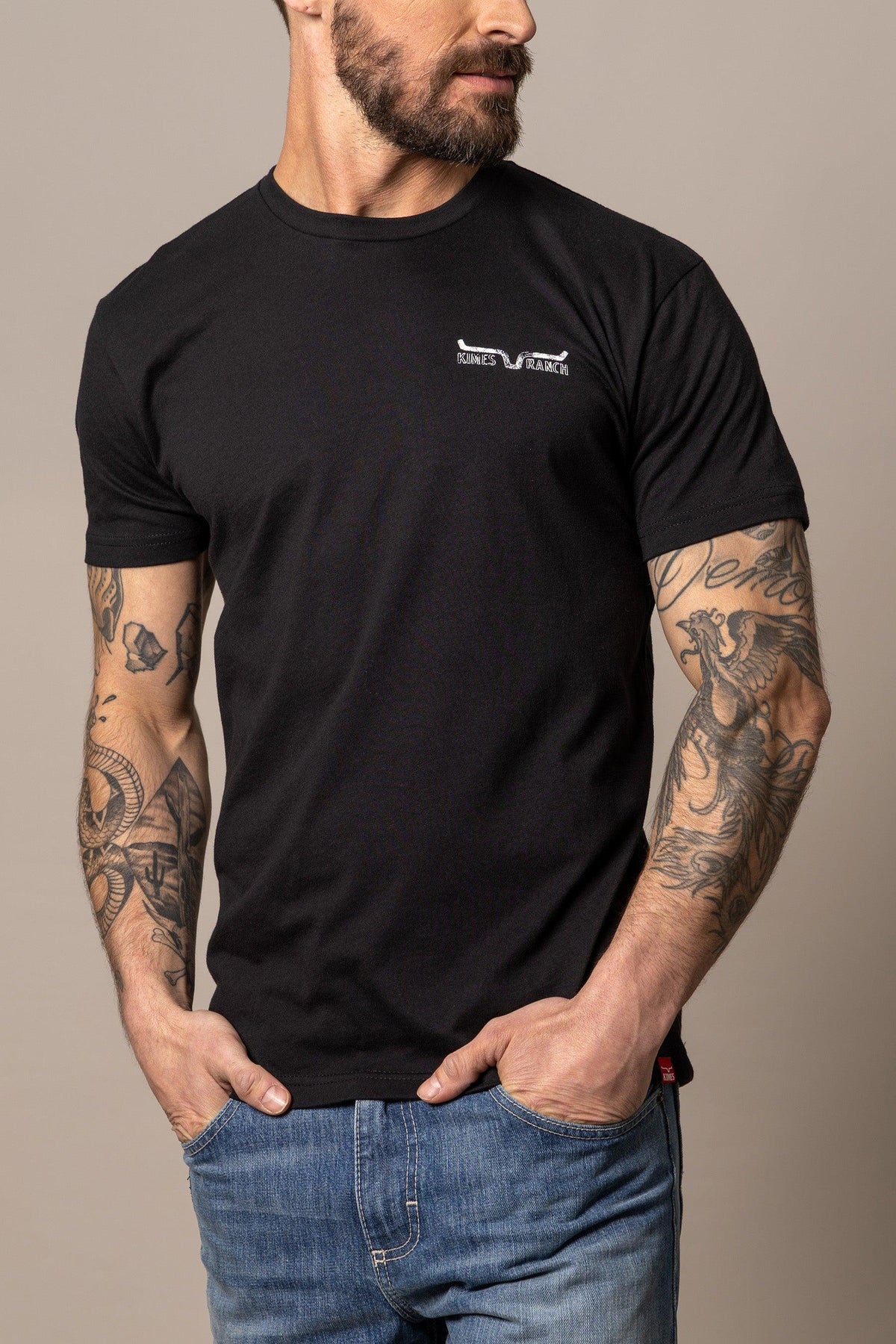 Kimes Ranch Dibujada Black short sleeve shirt with Kimes Ranch logo on the chest