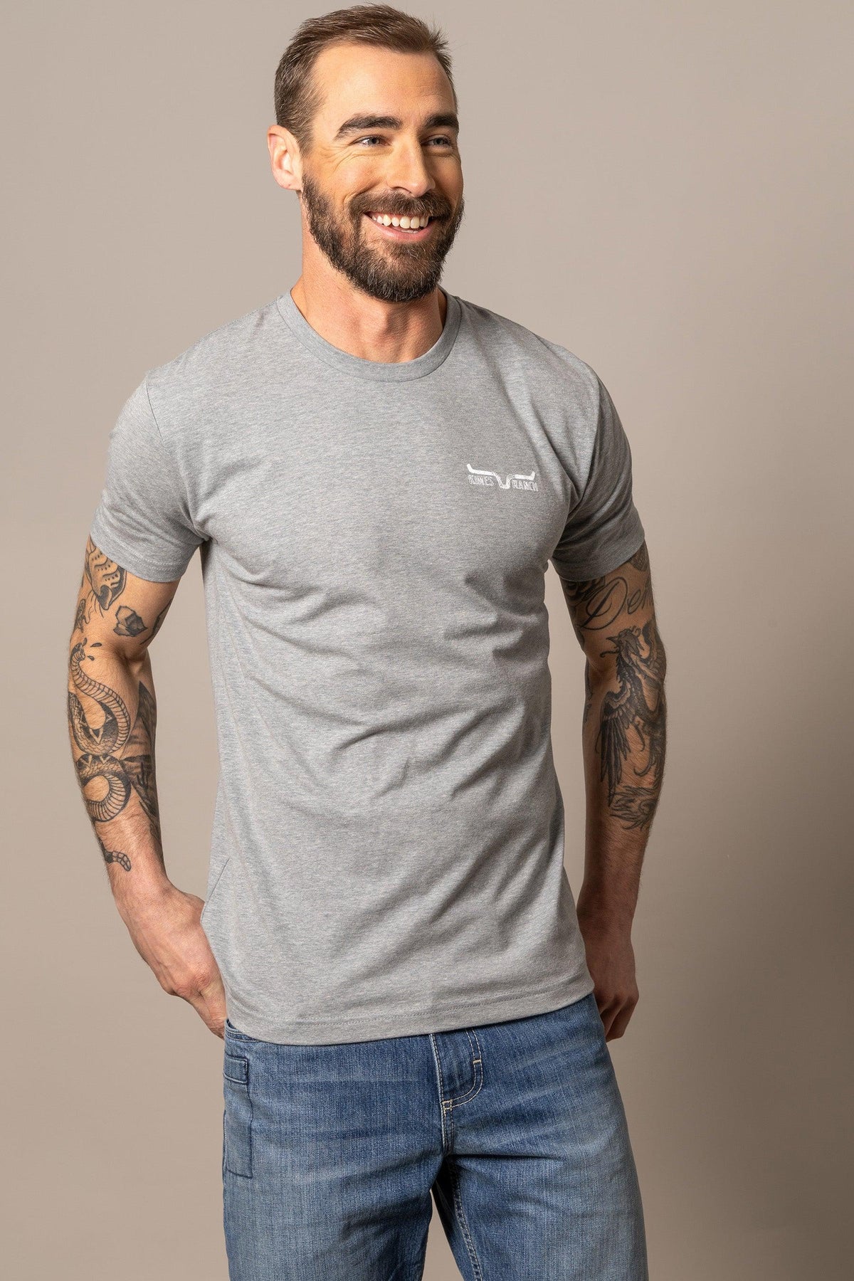 Kimes Ranch Dibujada shirt in Dark Grey Heather with a crewneck and the Kimes Ranch logo on the chest