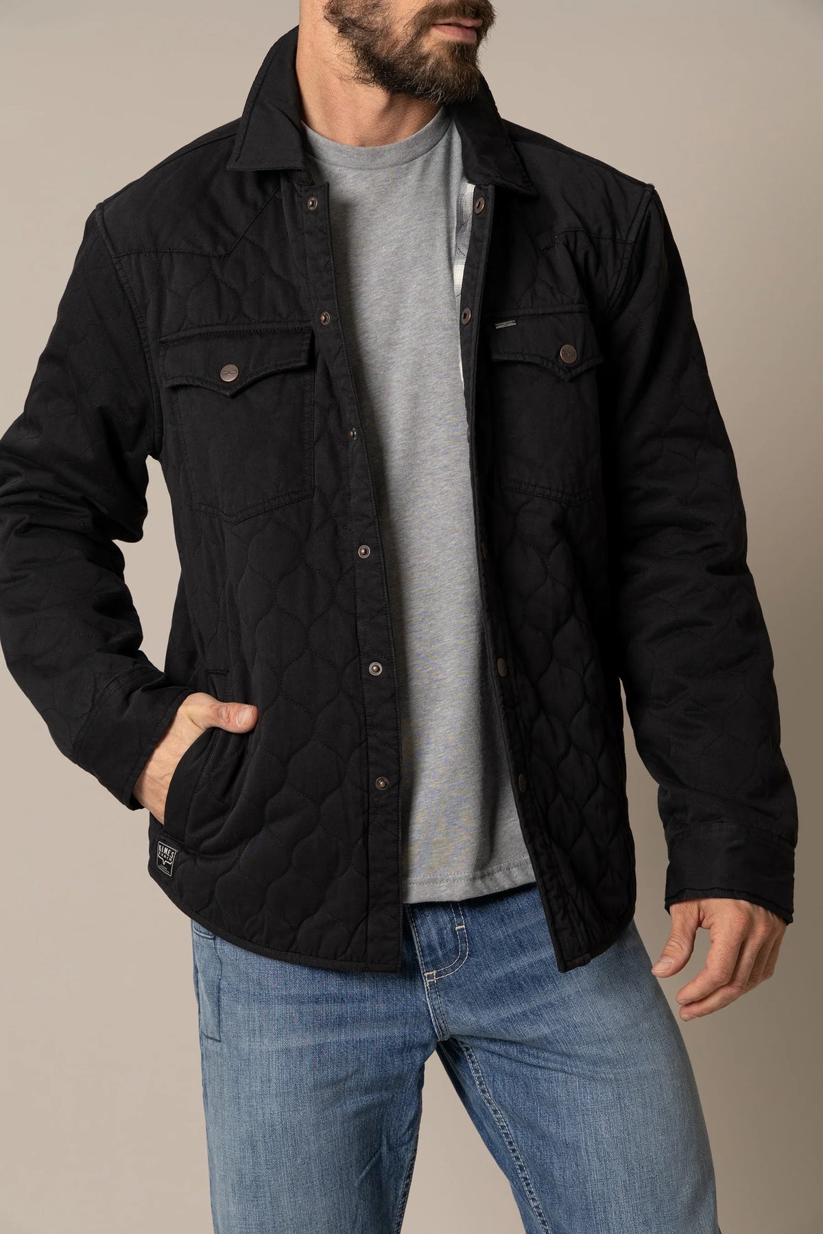Kimes Ranch Dickson Shacket in Black with quilted diamond stitching and button front pockets