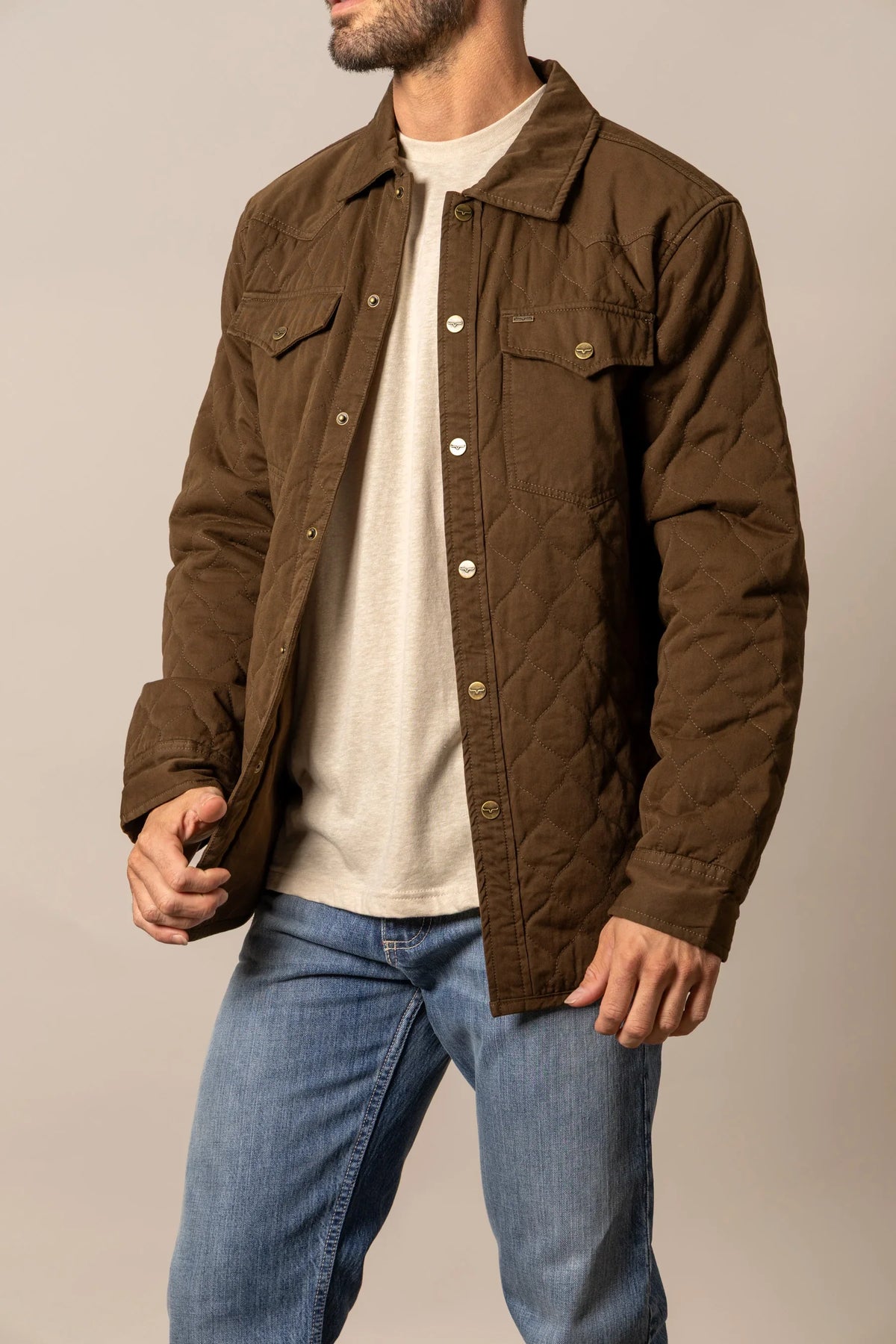 Kimes Ranch Dickson Shacket in Dark Brown with diamond quilting and button front