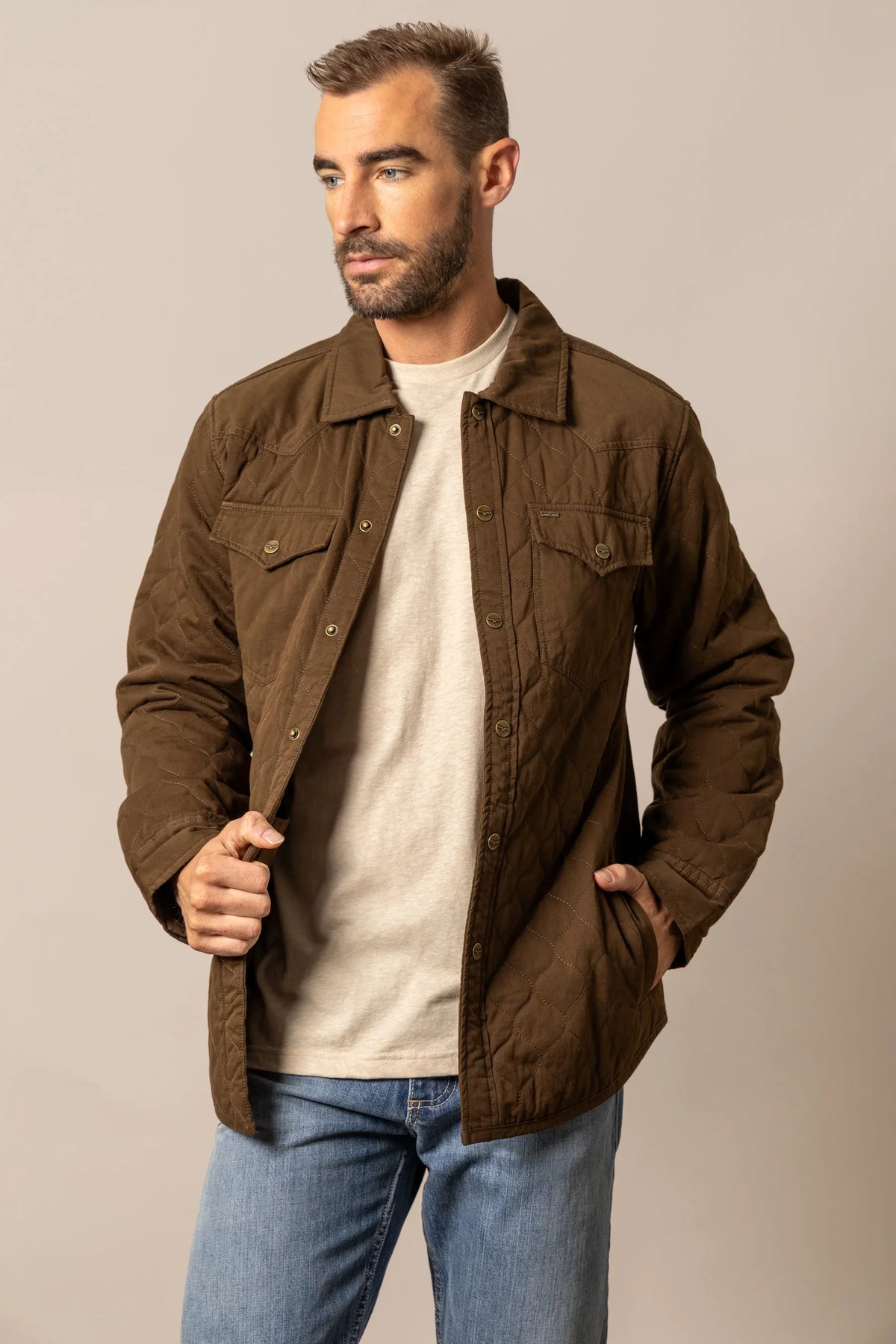 Kimes Ranch Dickson Shacket in Dark Brown with diamond quilting, button front, and flap pockets