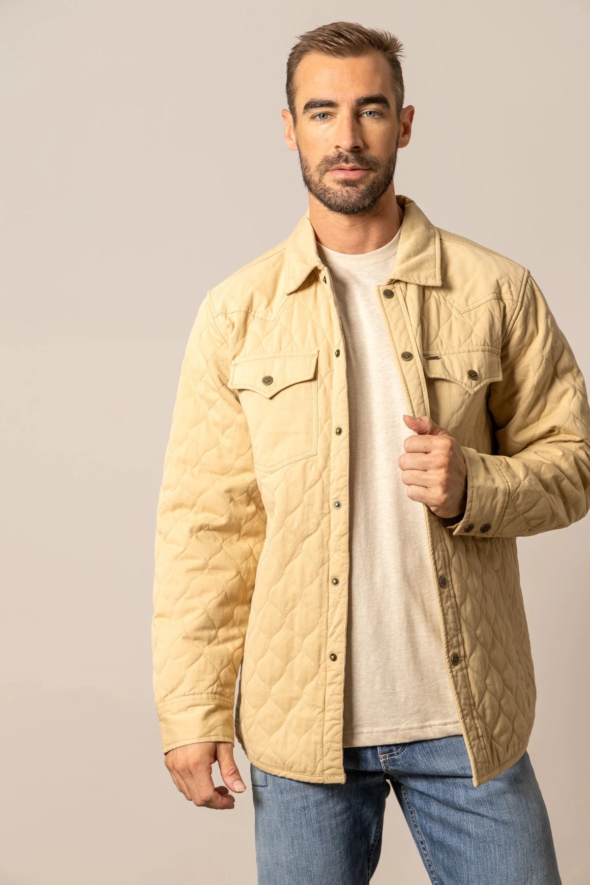 Kimes Ranch Dickson Shacket in Tan with diamond quilting and button front