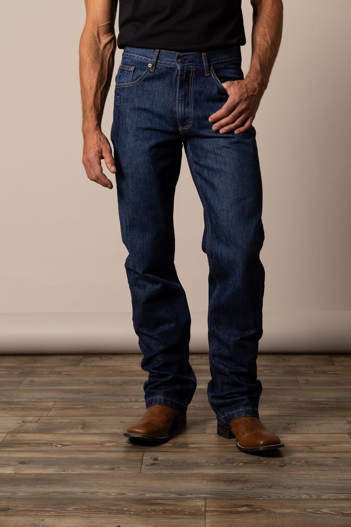 Kimes Ranch Dillon relaxed bootcut jeans in dark blue with front pockets and contrast stitching
