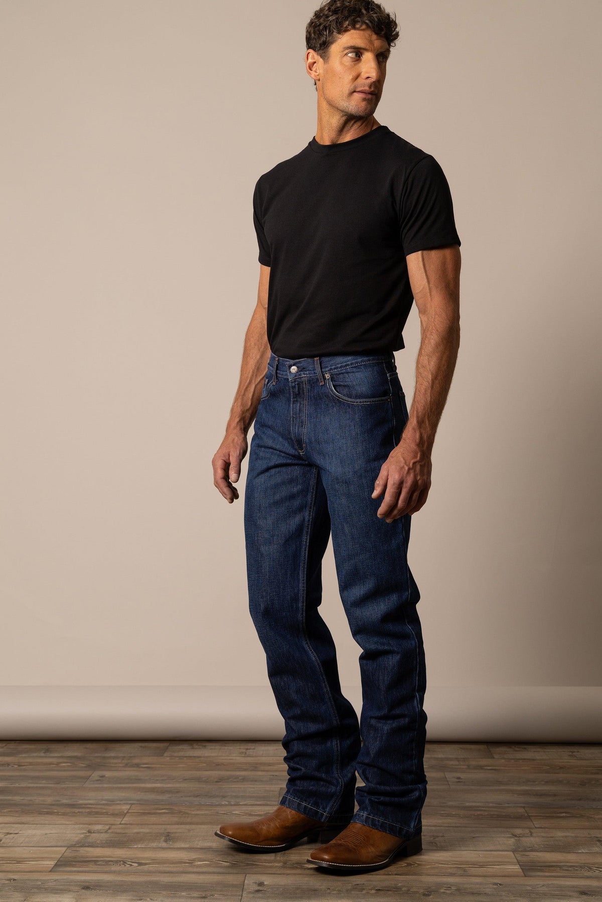 Kimes Ranch Dillon Relaxed Bootcut jeans in dark blue with a relaxed fit and bootcut leg