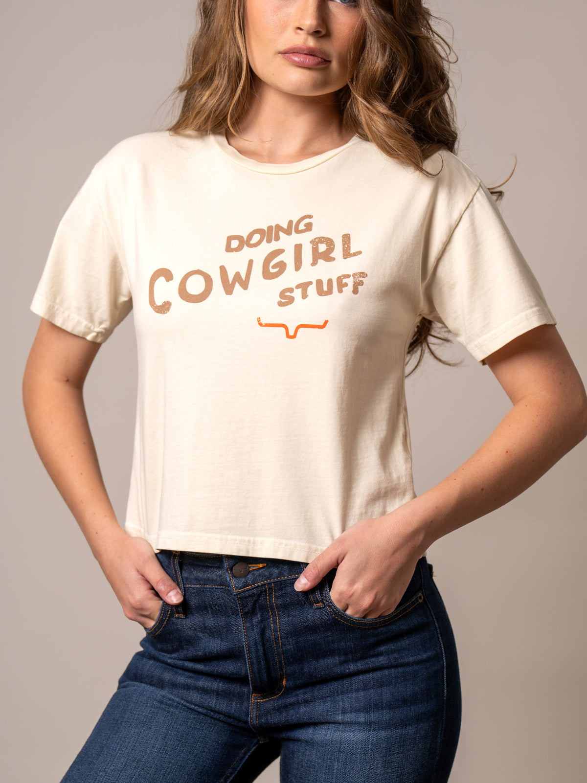 Kimes Ranch Doing Cowgirl Stuff shirt in Ivory with a graphic print and short sleeves