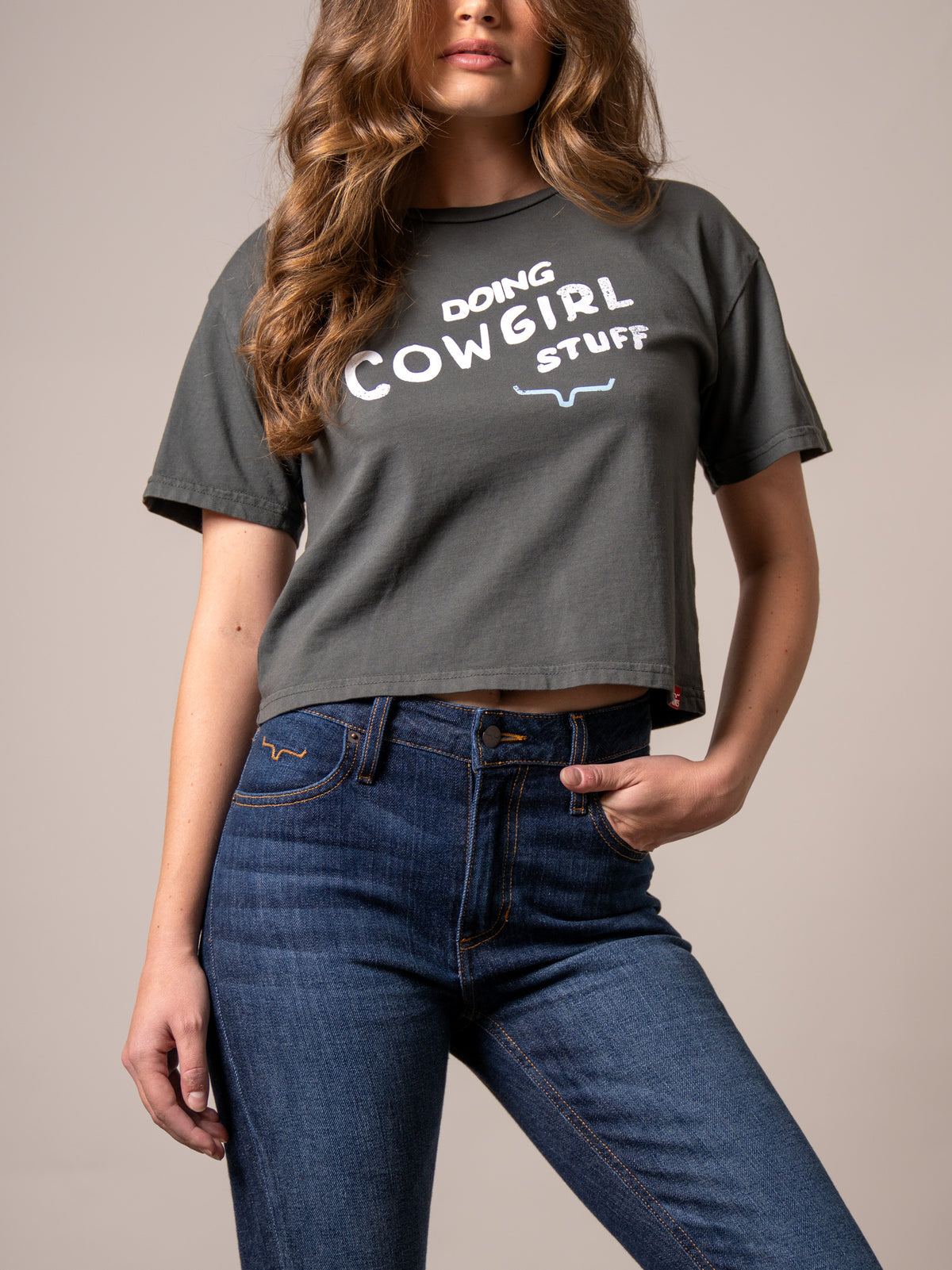 Kimes Ranch Doing Cowgirl Stuff shirt in Pepper with white graphic text and logo