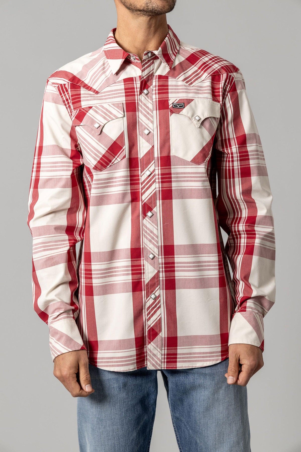Kimes Ranch Double R long sleeve dress shirt in Red with a plaid pattern and two chest pockets