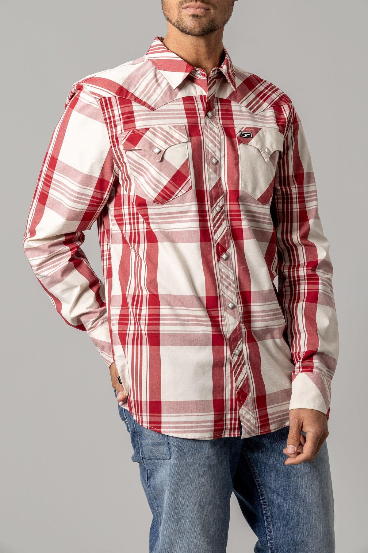Kimes Ranch Double R long sleeve dress shirt in Red with a plaid pattern and two chest pockets