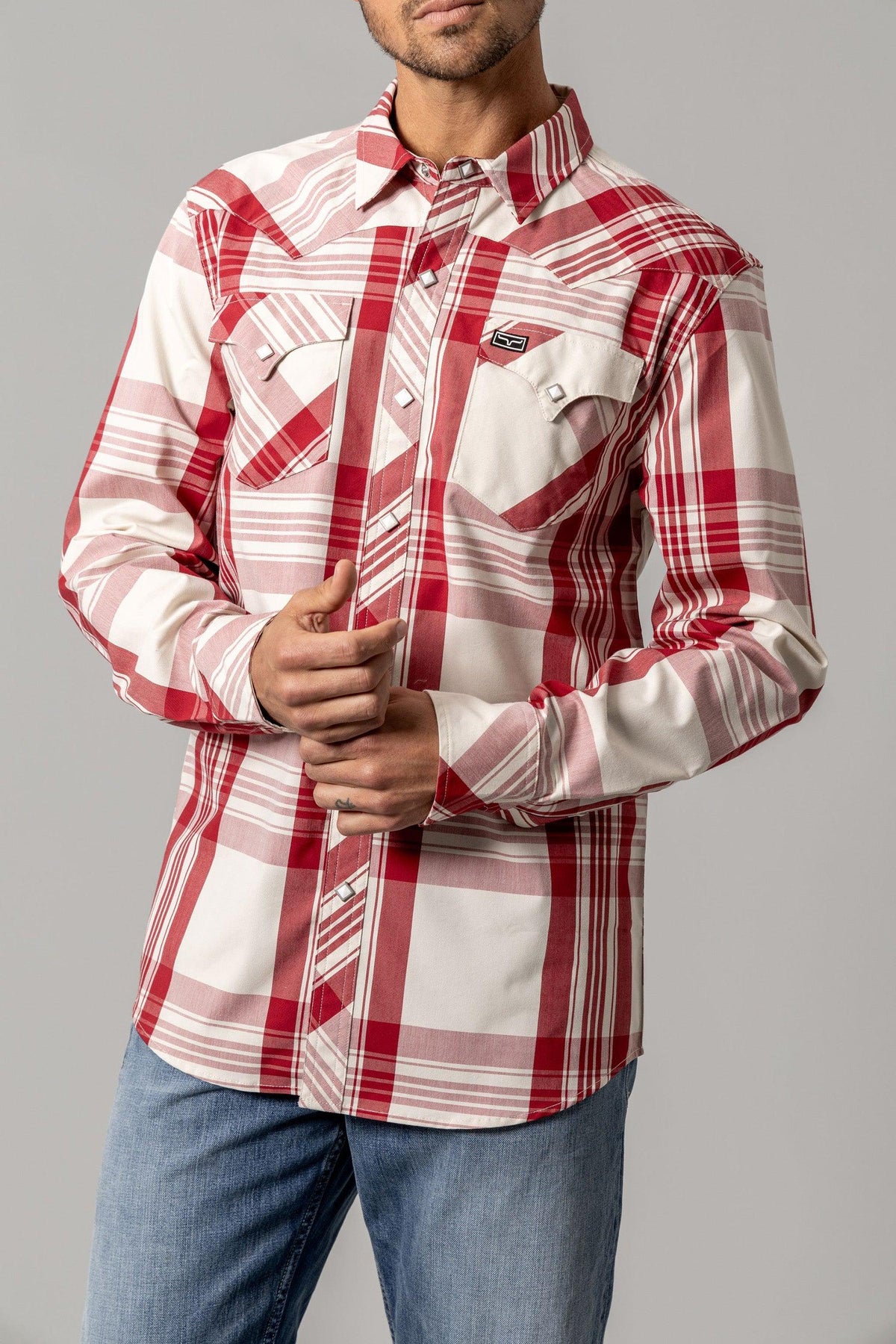 Kimes Ranch Double R long sleeve dress shirt in Red with a plaid pattern and two chest pockets