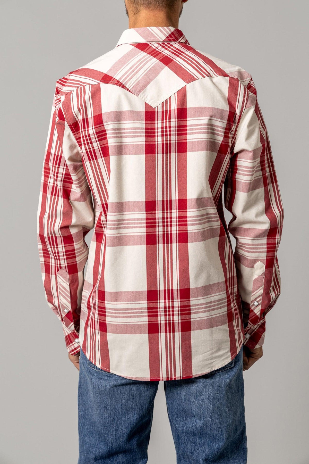 Kimes Ranch Double R dress shirt in Red, back view, with a white plaid pattern and a back yoke