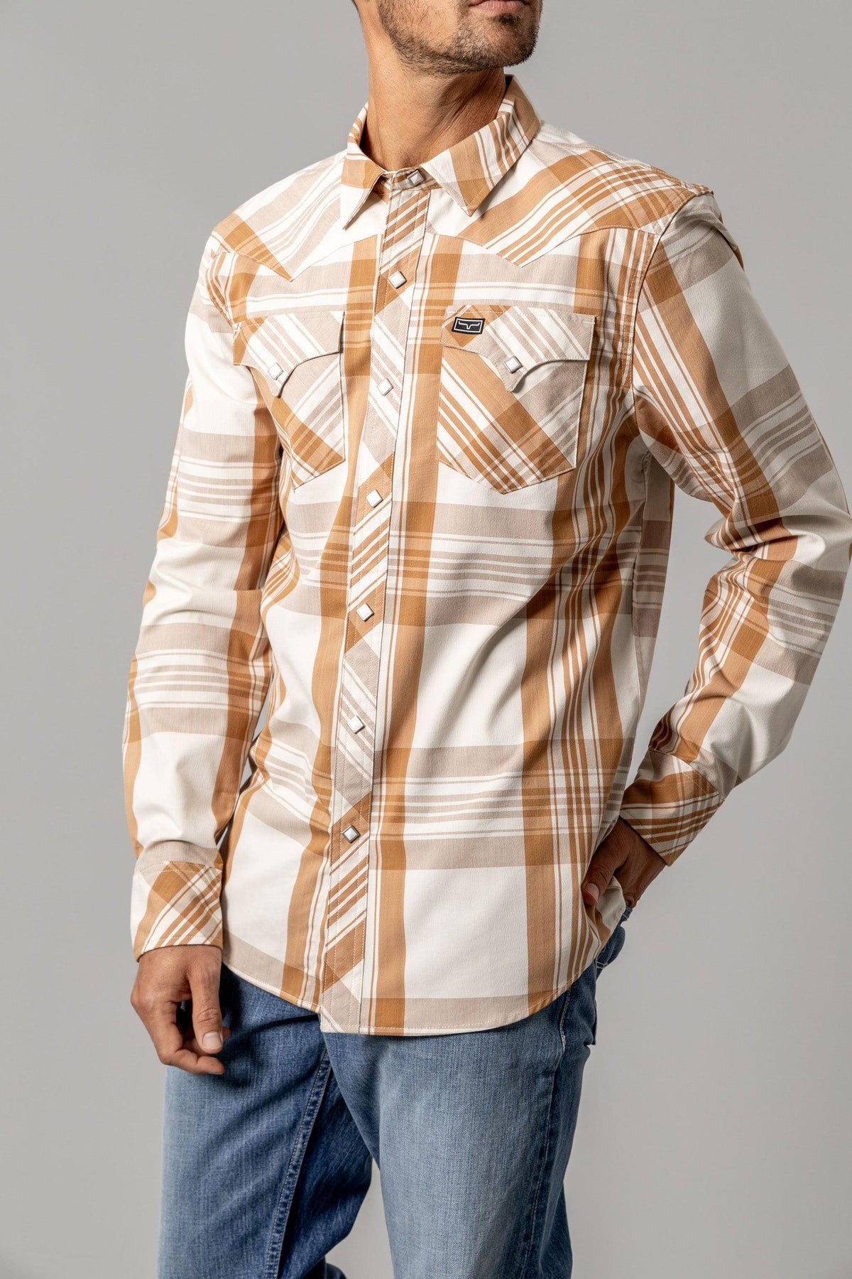 Kimes Ranch Double R long sleeve dress shirt in Work Wear Brown with a plaid pattern and two chest pockets