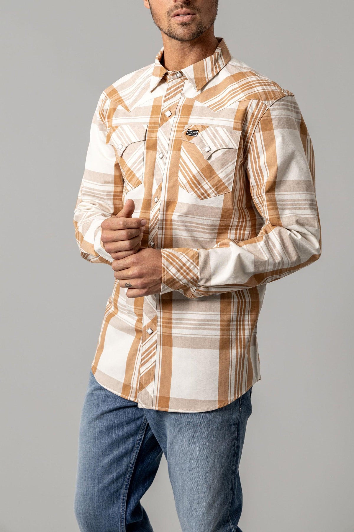 Kimes Ranch Double R long sleeve dress shirt in Work Wear Brown with a plaid pattern and two chest pockets