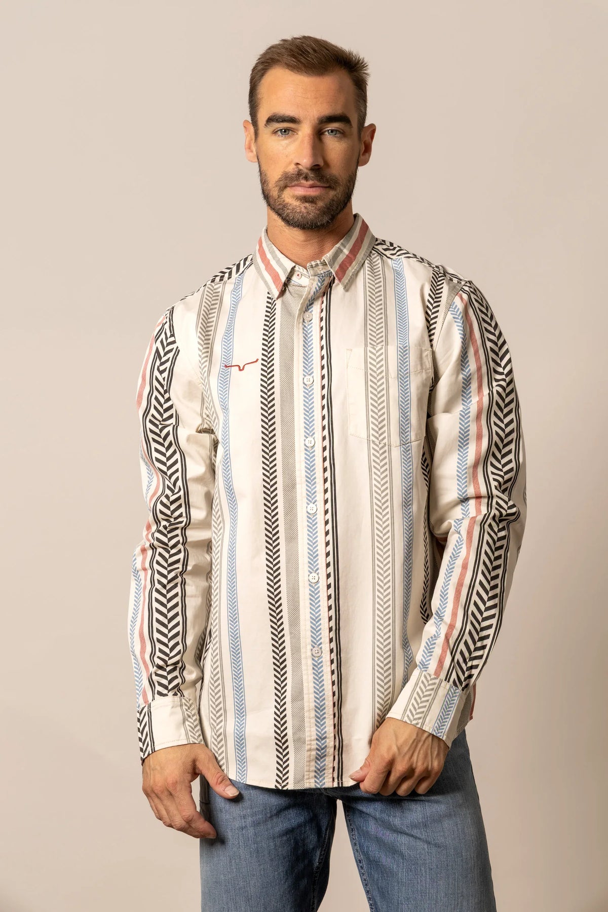 Kimes Ranch Double Tap long sleeve dress shirt in Black with multi-color vertical stripes and a chest pocket