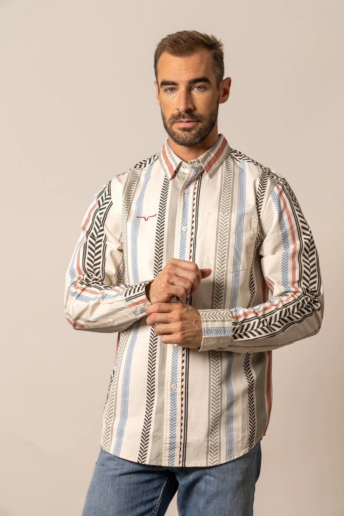 Kimes Ranch Double Tap long sleeve dress shirt in Black with multi-colored vertical stripes and the Kimes Ranch logo