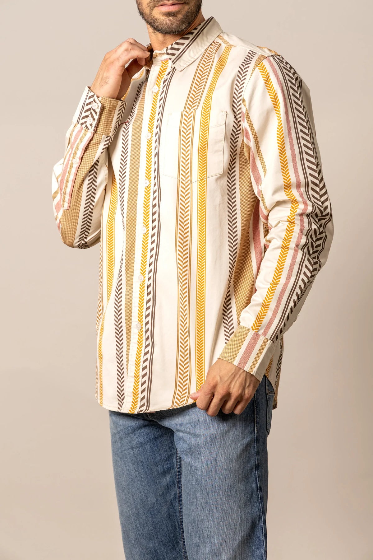 Kimes Ranch Double Tap dress shirt in Natural with multi-color vertical stripes and a chest pocket