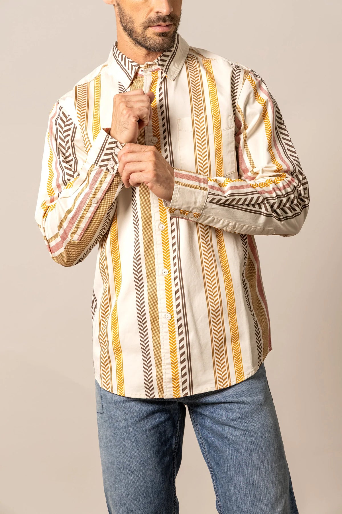 Kimes Ranch Double Tap long sleeve dress shirt in Natural with vertical stripes in mustard, brown, and pink