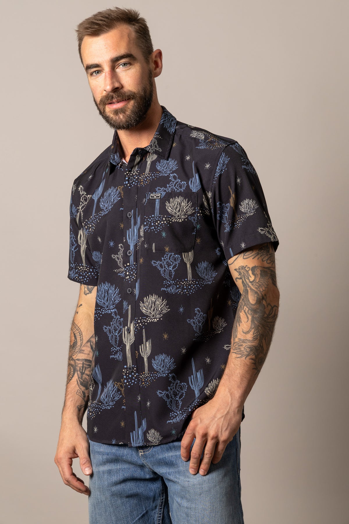 Kimes Ranch Dunn dress shirt in Black with a cactus print and chest pocket