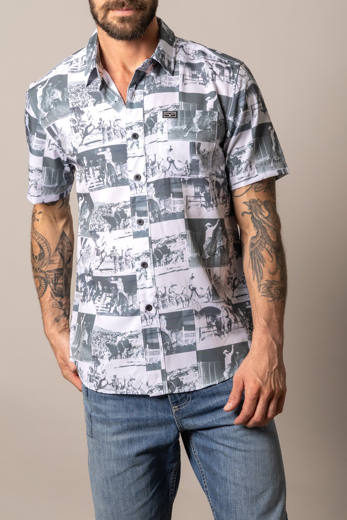 Kimes Ranch Dunn dress shirt in black and white with a collage print of rodeo scenes and a chest pocket