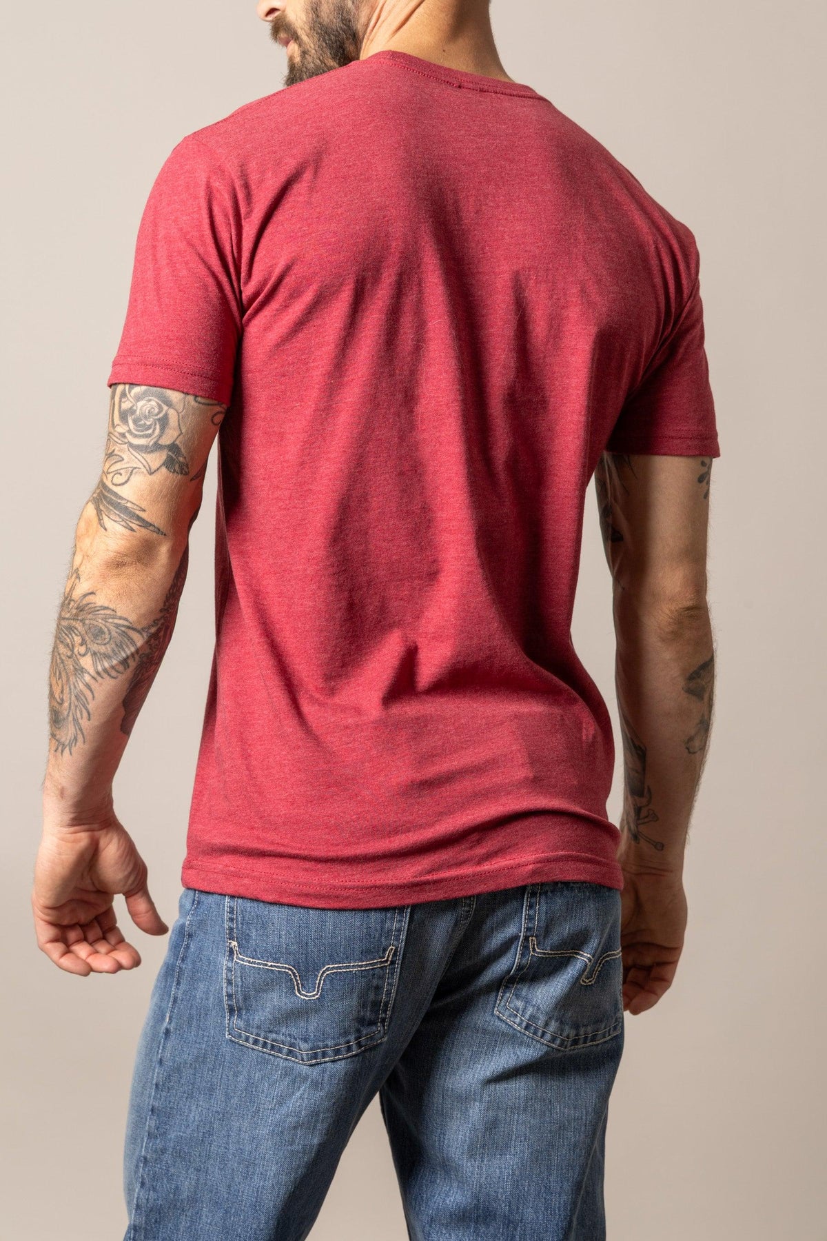 Kimes Ranch Durango shirt in Cardinal, back view, with short sleeves and a crew neck