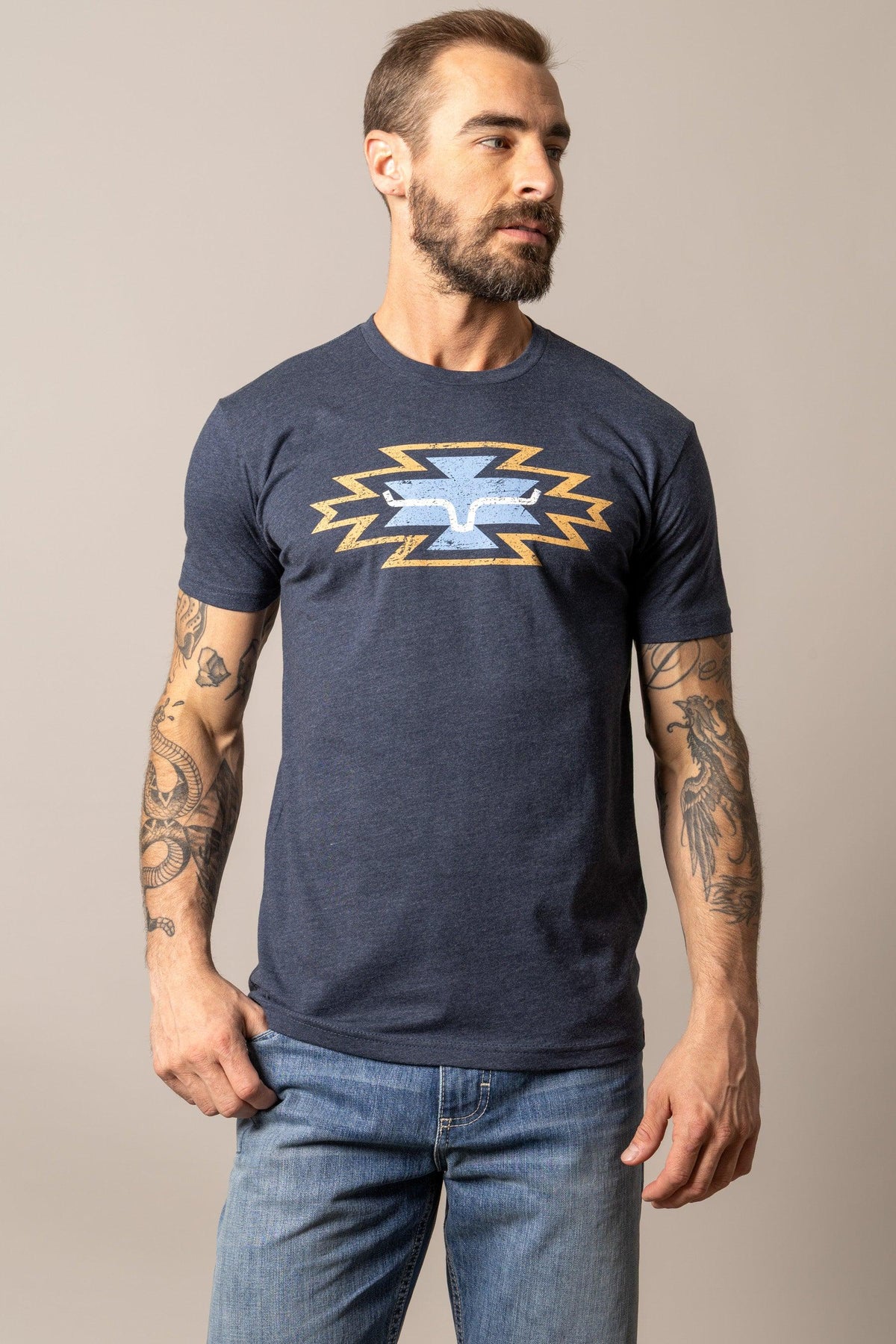 Kimes Ranch Durango shirt in Midnight Navy with a graphic of a the Kimes Ranch logo and lightning bolts