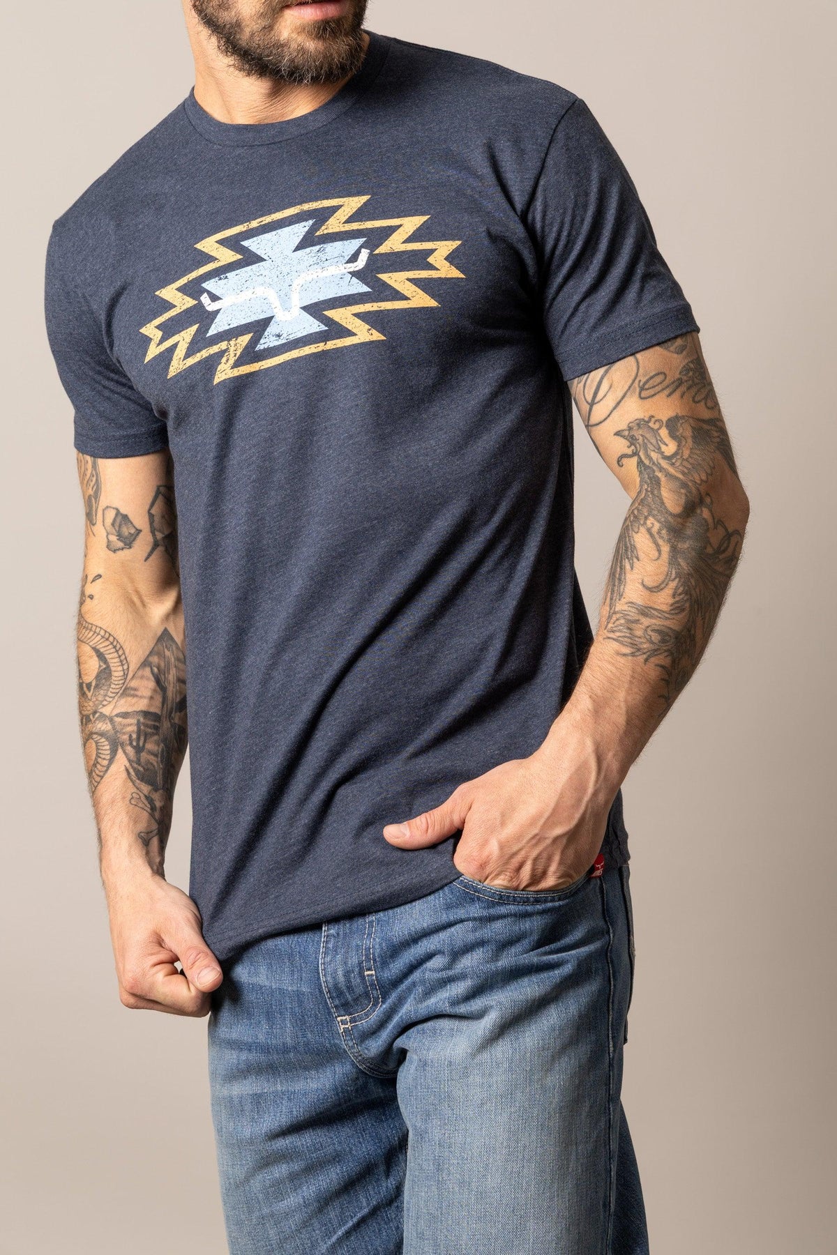 Kimes Ranch Durango shirt in Midnight Navy with a distressed graphic of the Kimes Ranch logo inside a lightning bolt
