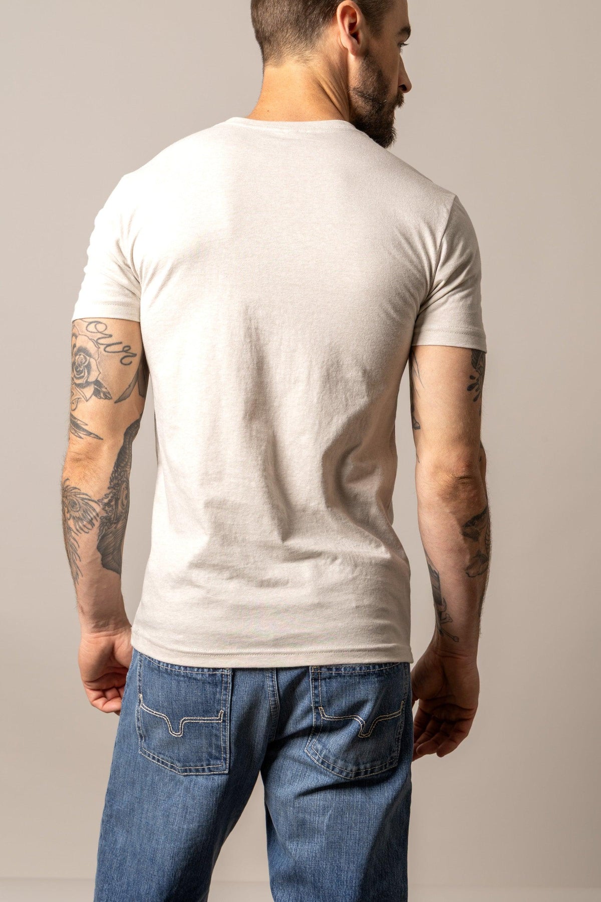 Kimes Ranch Durango shirt in Sand, back view, with short sleeves and a crew neck