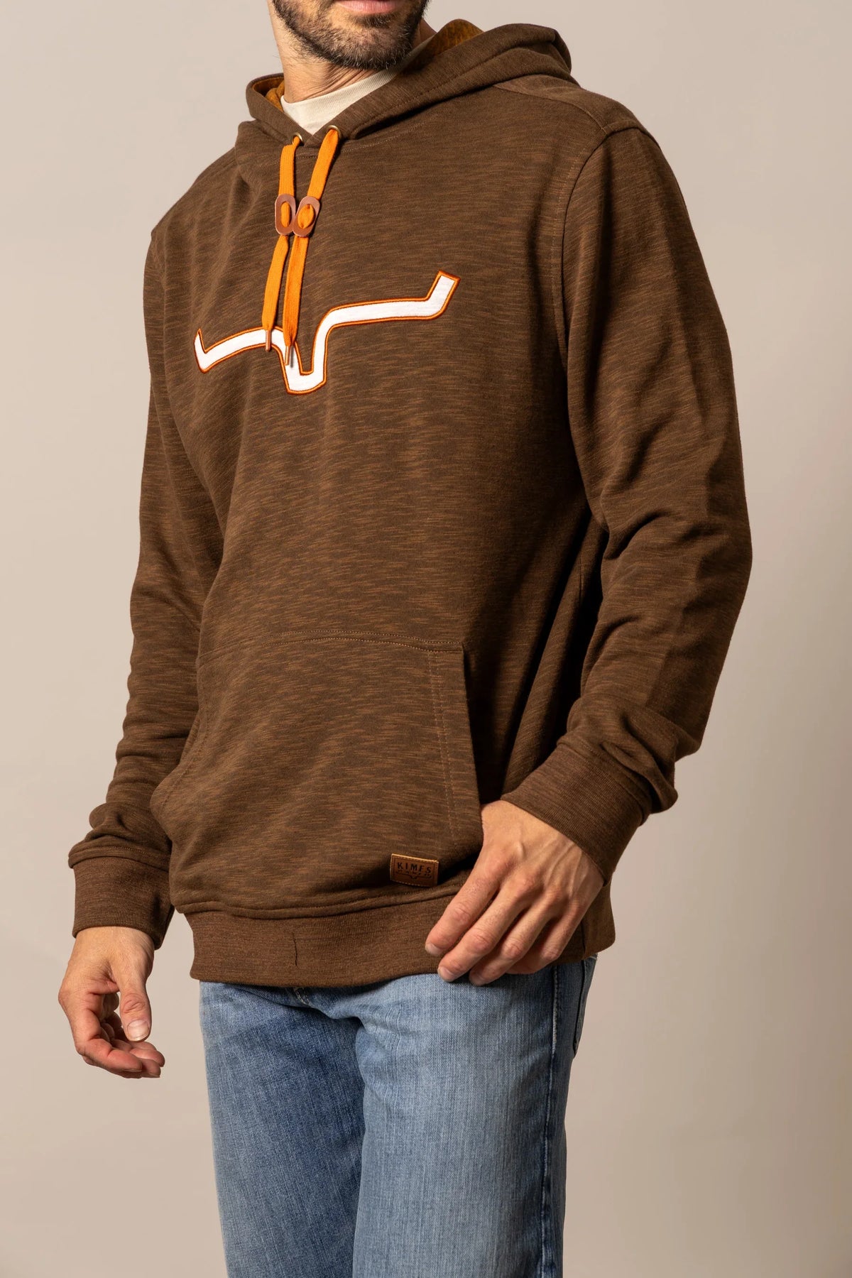 Kimes Ranch Durham Hoodie in Brown with a longhorn graphic and orange drawstrings