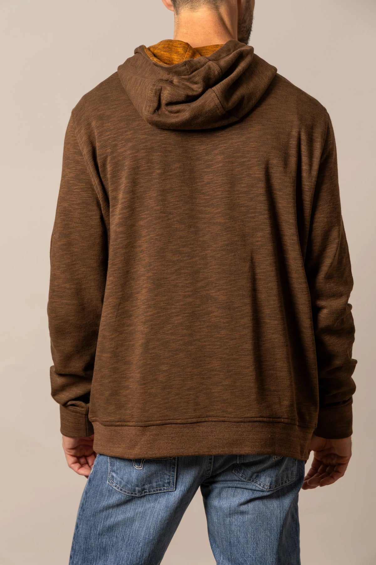 Kimes Ranch Durham Hoodie in Brown, back view, with a hood and long sleeves