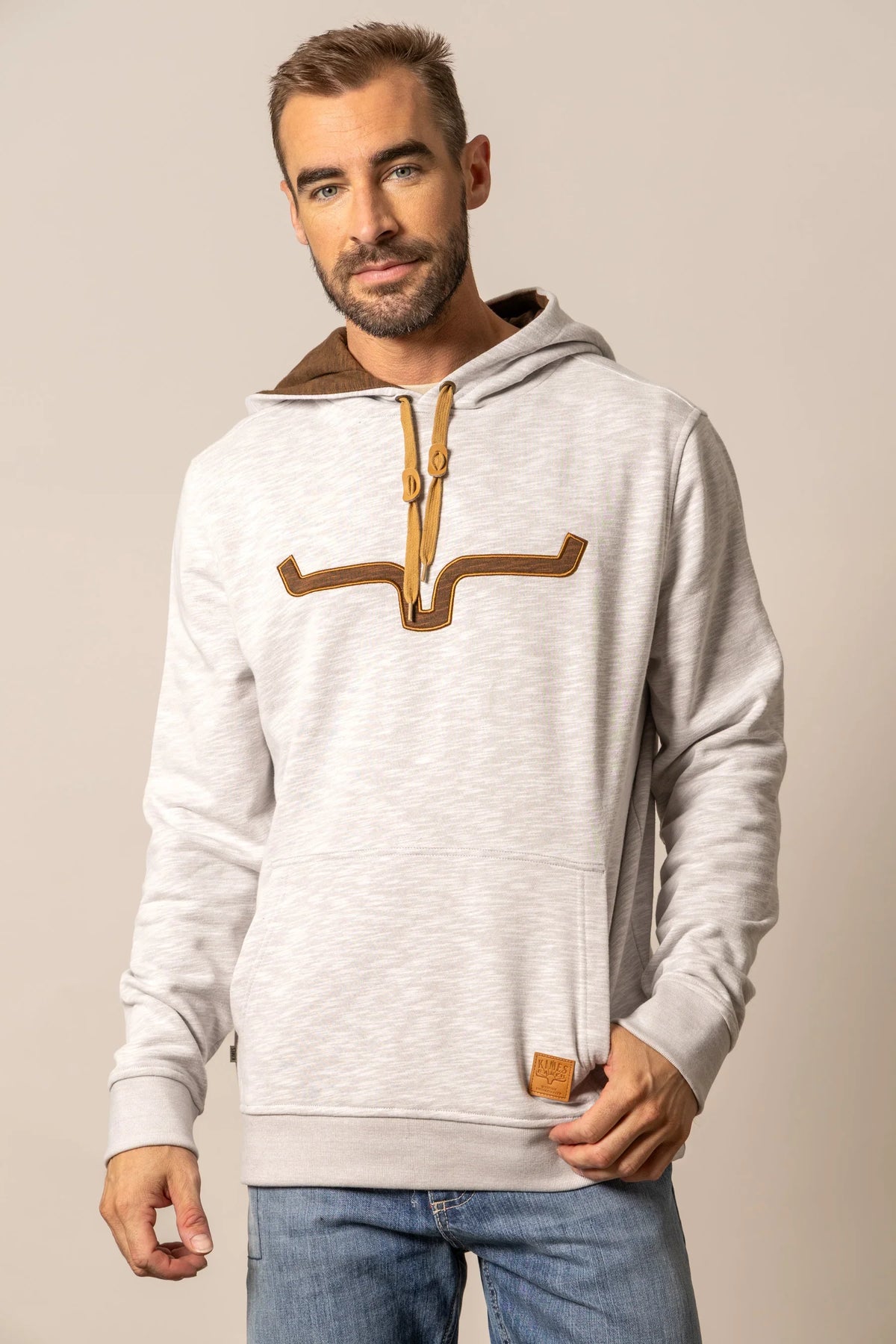 Kimes Ranch Durham Hoodie in Natural with a longhorn graphic and kangaroo pocket