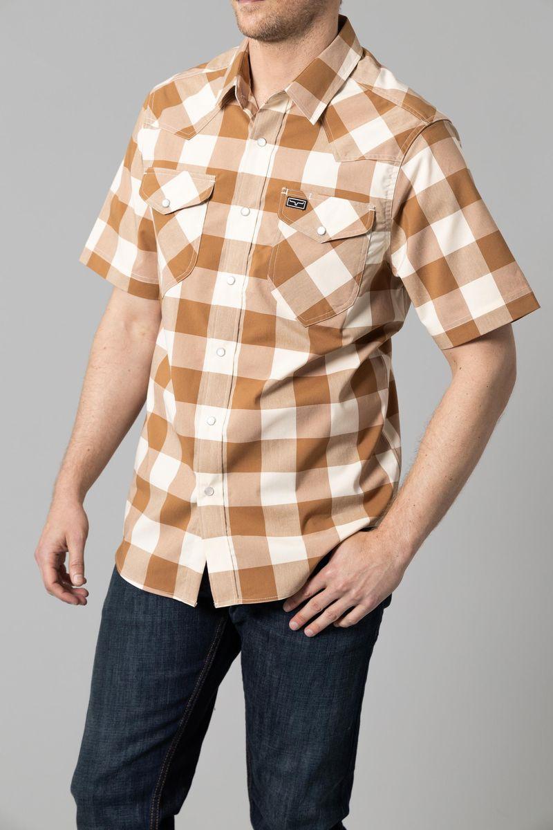 Kimes Ranch Malcom Buffalo Plaid Dress Shirt in Work Wear Brown with two chest pockets and a logo patch
