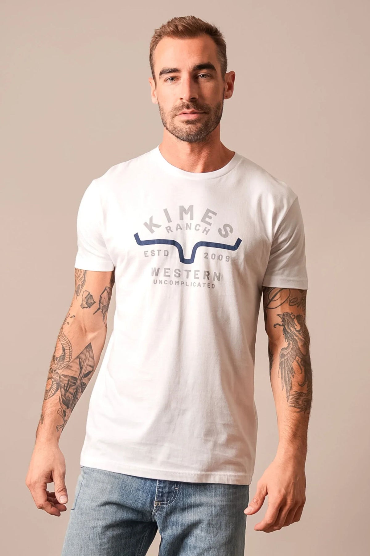 Kimes Ranch Easy Does It White t-shirt with a graphic featuring the brand name and a blue longhorn logo
