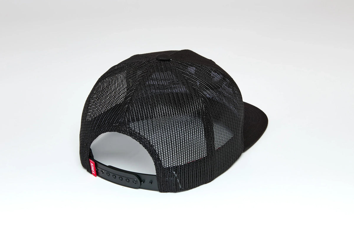 Kimes Ranch Edgewood, back view, Black mesh trucker hat with adjustable snapback closure