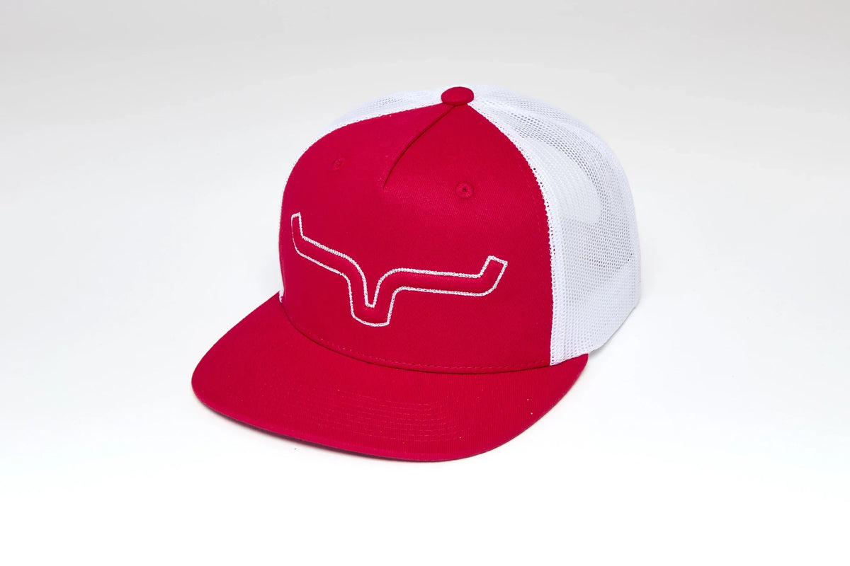 Kimes Ranch Edgewood Red trucker hat with white mesh back and embroidered logo