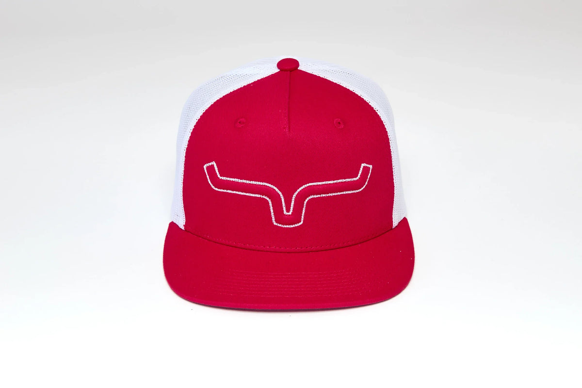 Kimes Ranch Edgewood Red trucker hat with white mesh back and embroidered logo