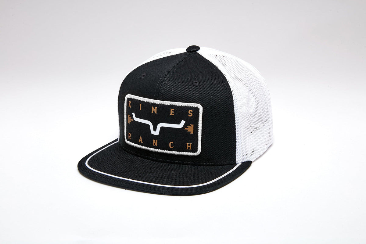 Kimes Ranch Edwin hat in Black, side view, with white mesh back and front logo patch