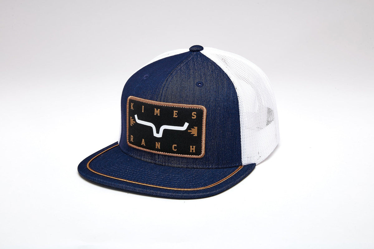 Kimes Ranch Edwin, side view, hat with white mesh back and Kimes Ranch logo patch
